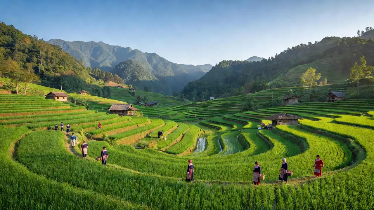Cảnh đẹp Xã Tân Tiến huyện Bảo Yên, Lào Cai với ruộng bậc thang và núi non xanh tươi.