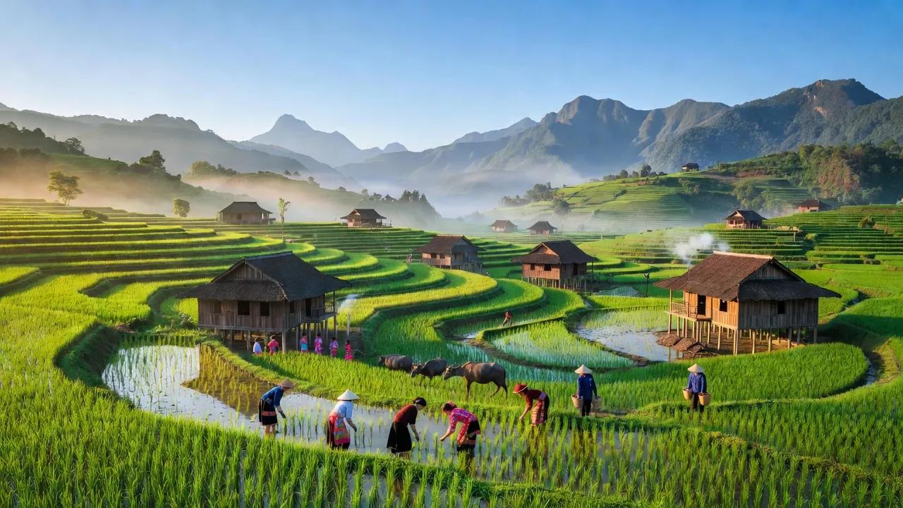 Khung cảnh thiên nhiên xã Tân Tiến, huyện Bảo Yên, tỉnh Lào Cai với ruộng bậc thang xanh tươi.