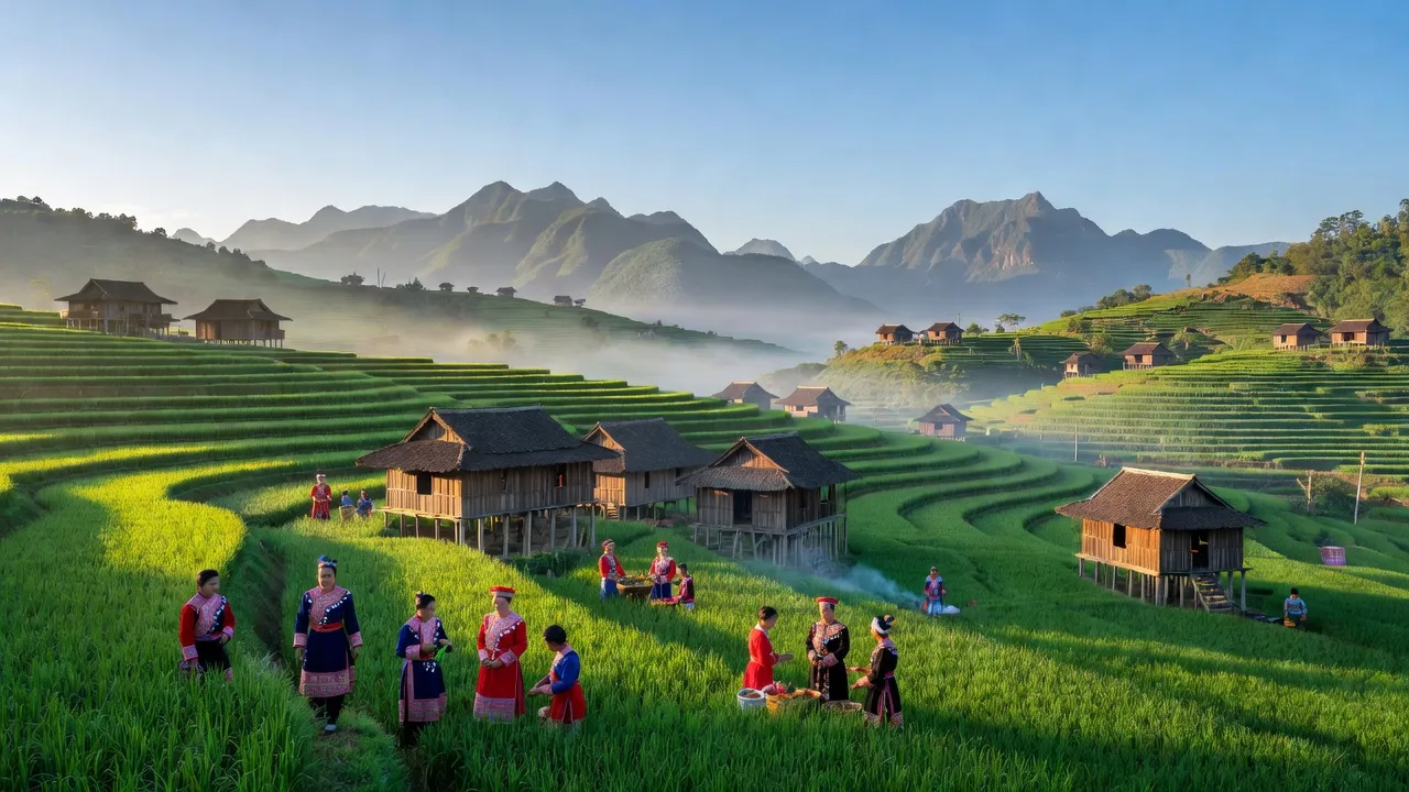 Phong cảnh Xã Thượng Hà, huyện Bảo Yên, tỉnh Lào Cai với cánh đồng xanh và nhà truyền thống.