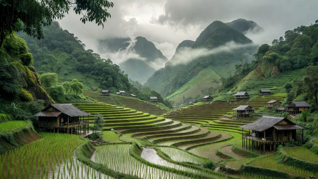 Cảnh đẹp xã Việt Tiến, huyện Bảo Yên, tỉnh Lào Cai với đồi núi xanh tươi và nhà sàn truyền thống.