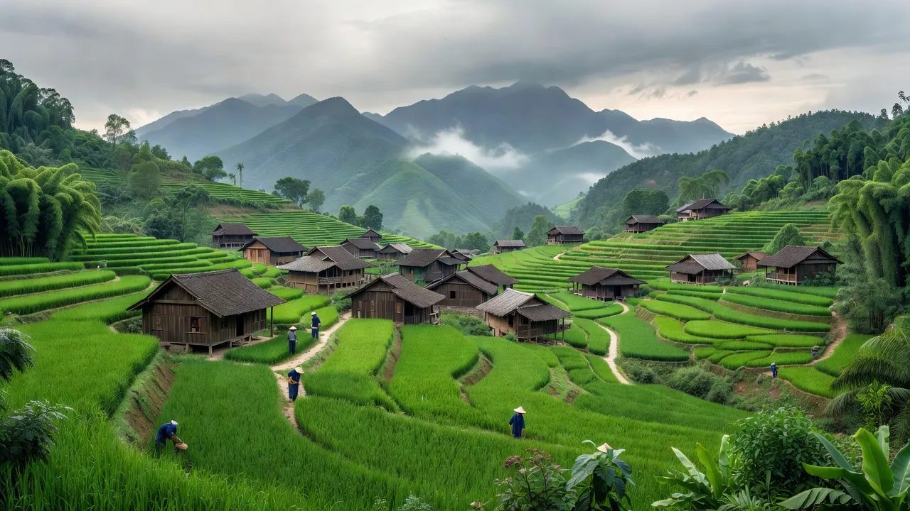 Khung cảnh làng Việt Tiến, Bảo Yên, Lào Cai với núi non, nhà gỗ và bầu trời nhiều mây.