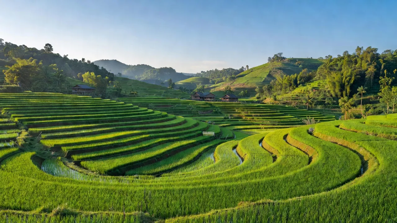Cảnh đẹp xã Xuân Hòa, huyện Bảo Yên, Lào Cai với cánh đồng xanh và đồi núi.