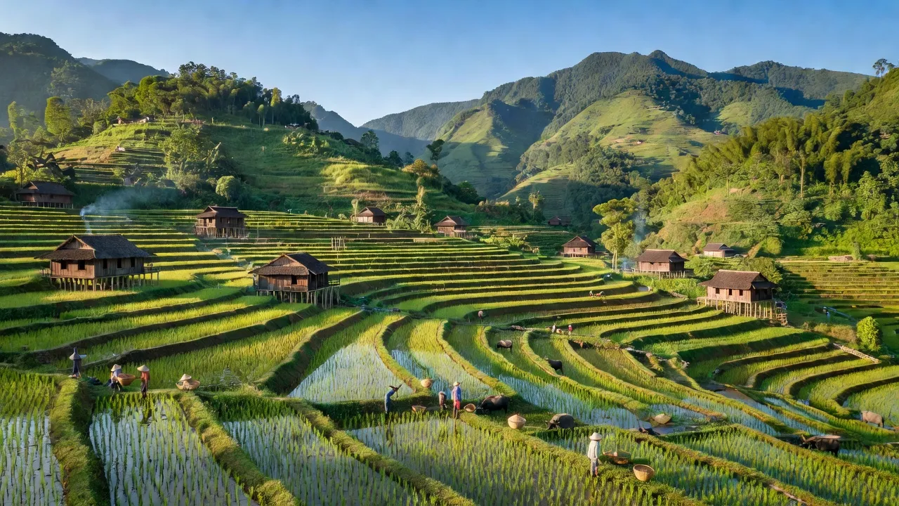 Khung cảnh đẹp ở Xã Xuân Thượng, Bảo Yên, Lào Cai với ruộng bậc thang và nhà sàn truyền thống.