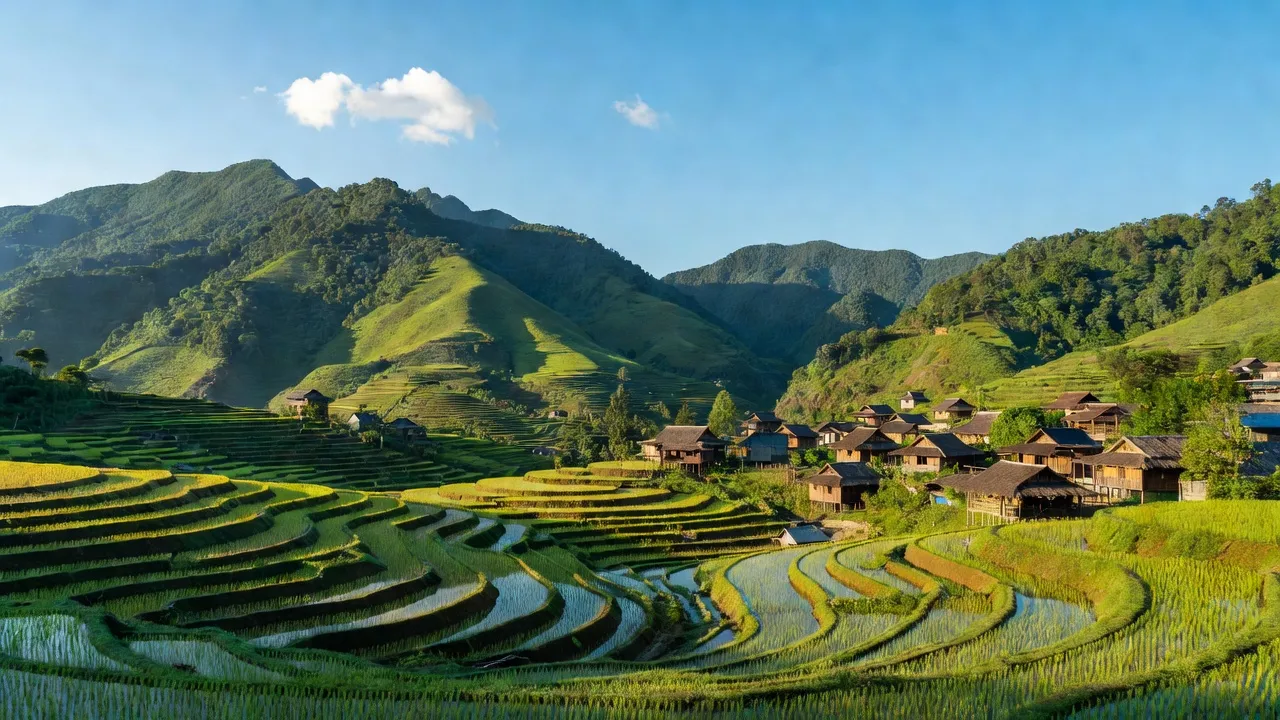 Quang cảnh huyện Bát Xát, tỉnh Lào Cai với núi non, ruộng bậc thang xanh tươi.