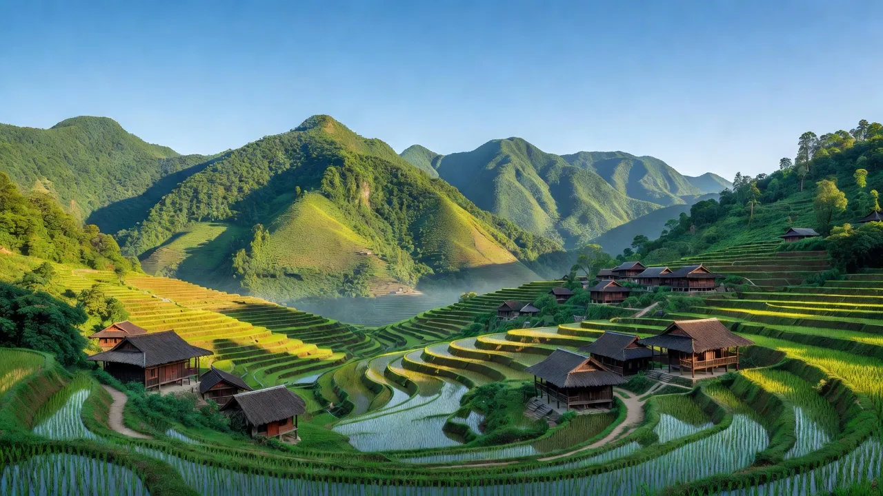 Khung cảnh yên bình xã A Lù, huyện Bát Xát, tỉnh Lào Cai với núi xanh và nhà truyền thống.