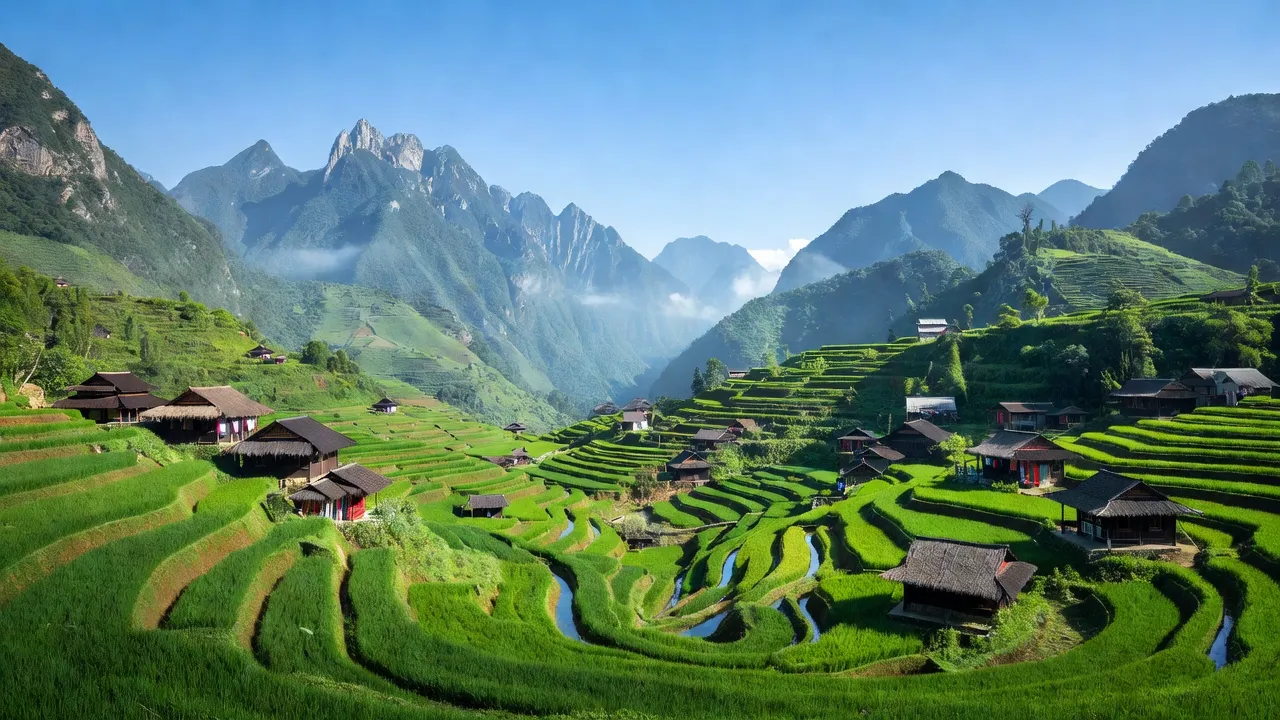 Khung cảnh A Mú Sung, Bát Xát với núi cao, nhà truyền thống và đồng ruộng xanh tươi.