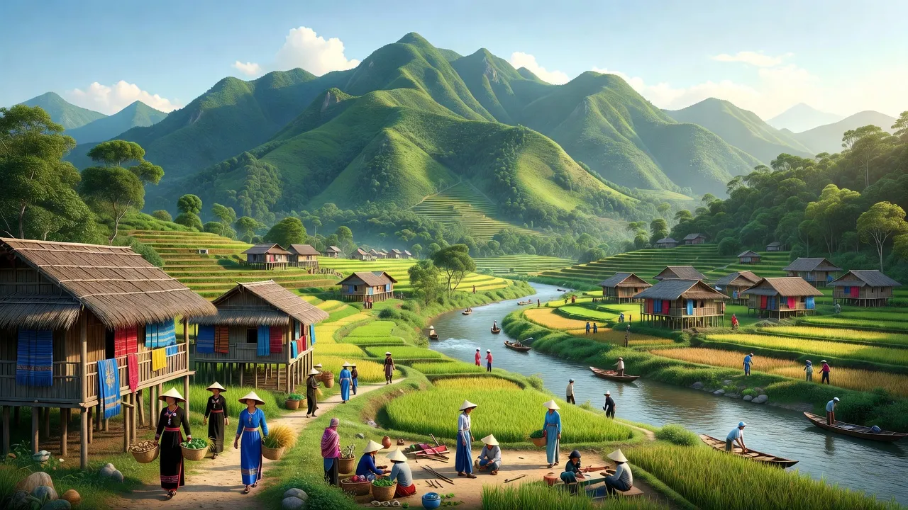 Khung cảnh xã Bản Qua, huyện Bát Xát, tỉnh Lào Cai với sông Hồng và núi non xanh.