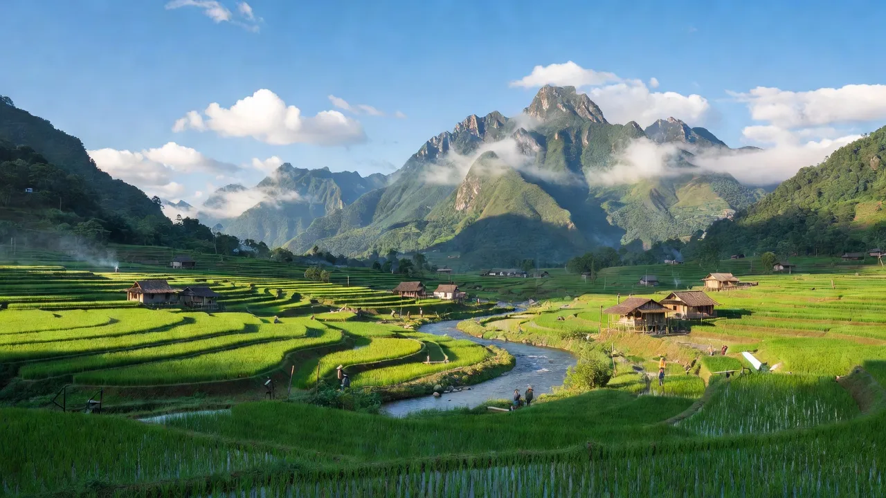 Khung cảnh xã Bản Vược, huyện Bát Xát, Lào Cai với đồng xanh, sông và núi.