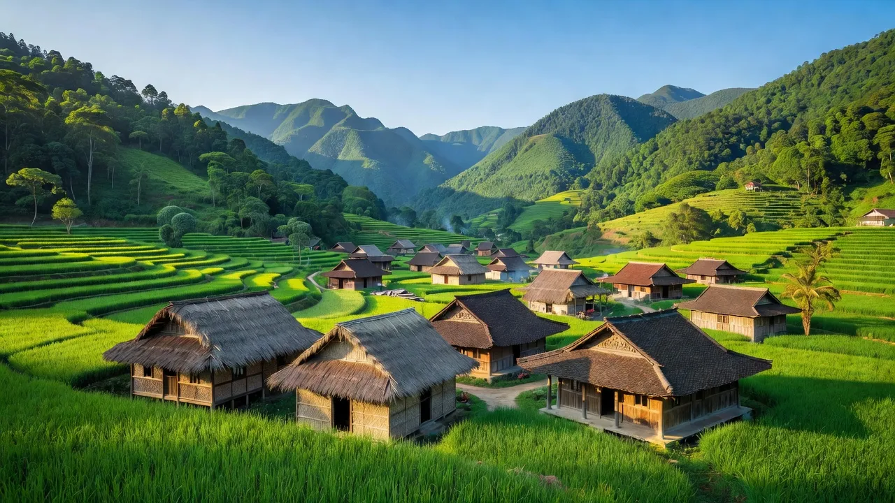 Khung cảnh Xã Bản Xèo, huyện Bát Xát, tỉnh Lào Cai với những ngôi nhà truyền thống và núi xanh.
