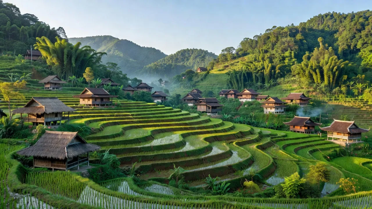 Khung cảnh yên bình xã Bản Xèo, Lào Cai với ruộng bậc thang và nhà truyền thống.
