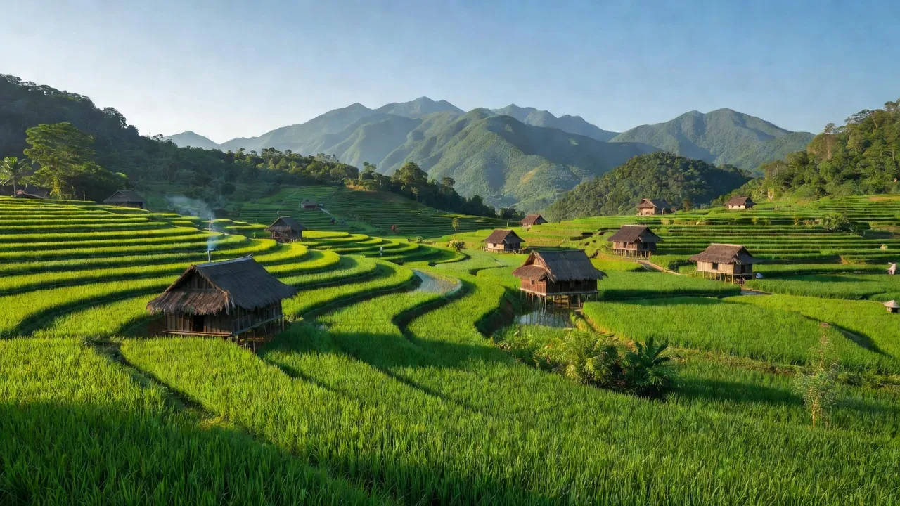 Cảnh quan Cốc Mỳ, Bát Xát, Lào Cai, với ruộng bậc thang và nhà truyền thống Việt Nam.