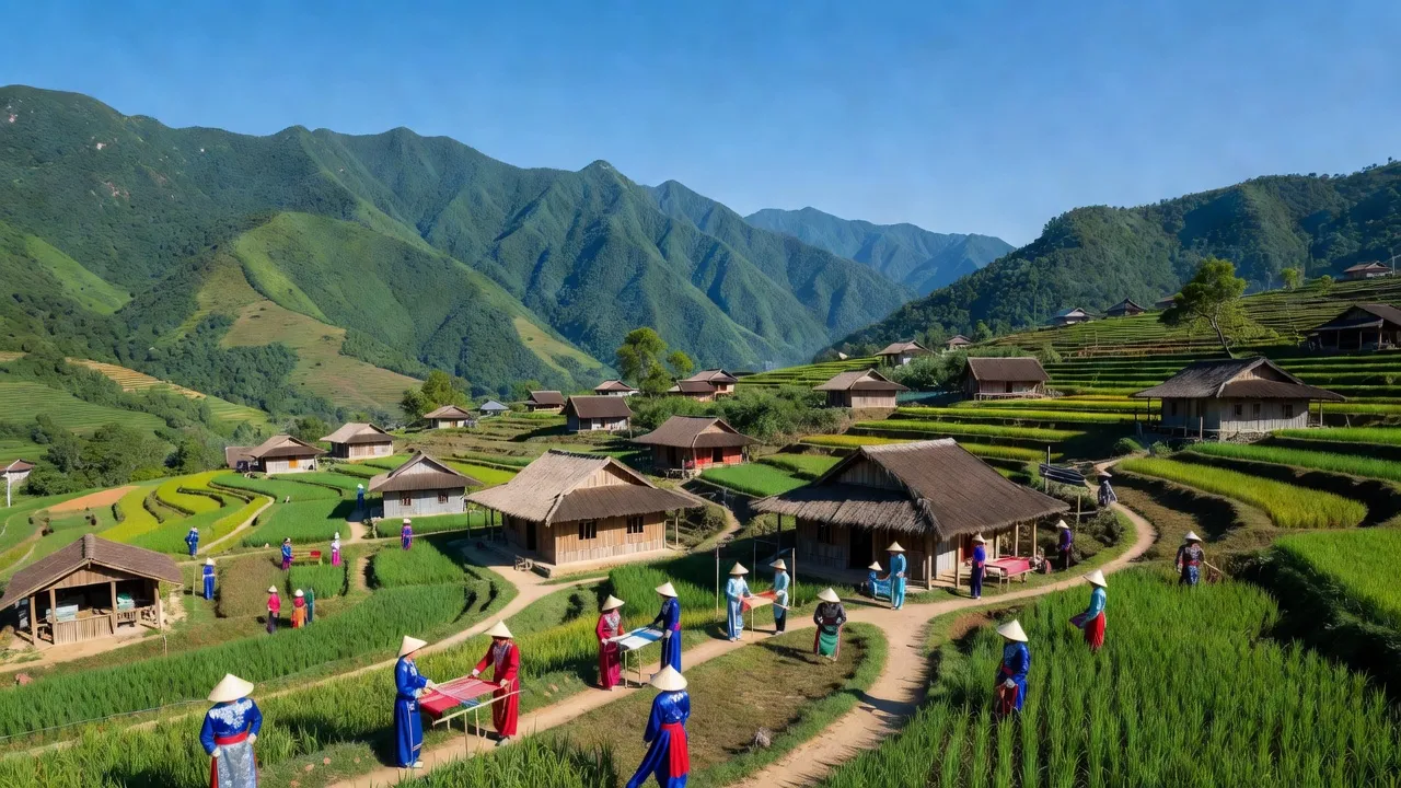 Khung cảnh xã Đền Sáng, huyện Bát Xát, tỉnh Lào Cai với núi rừng xanh tươi và nhà truyền thống.