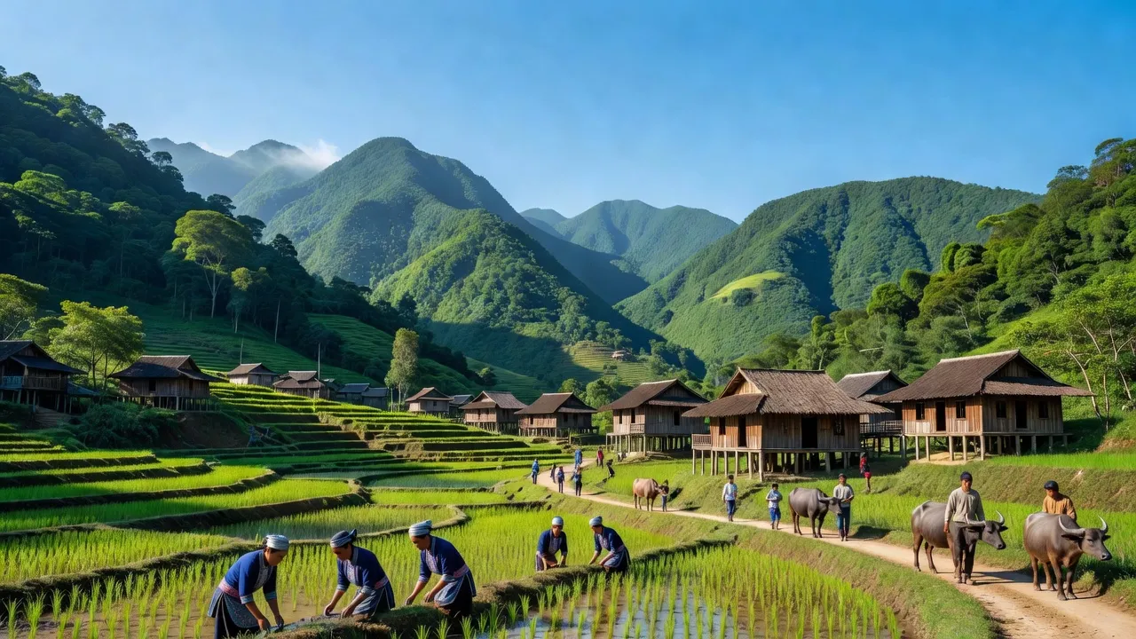 Khung cảnh yên bình xã Dền Sáng, huyện Bát Xát, tỉnh Lào Cai với núi xanh và cuộc sống thường nhật.