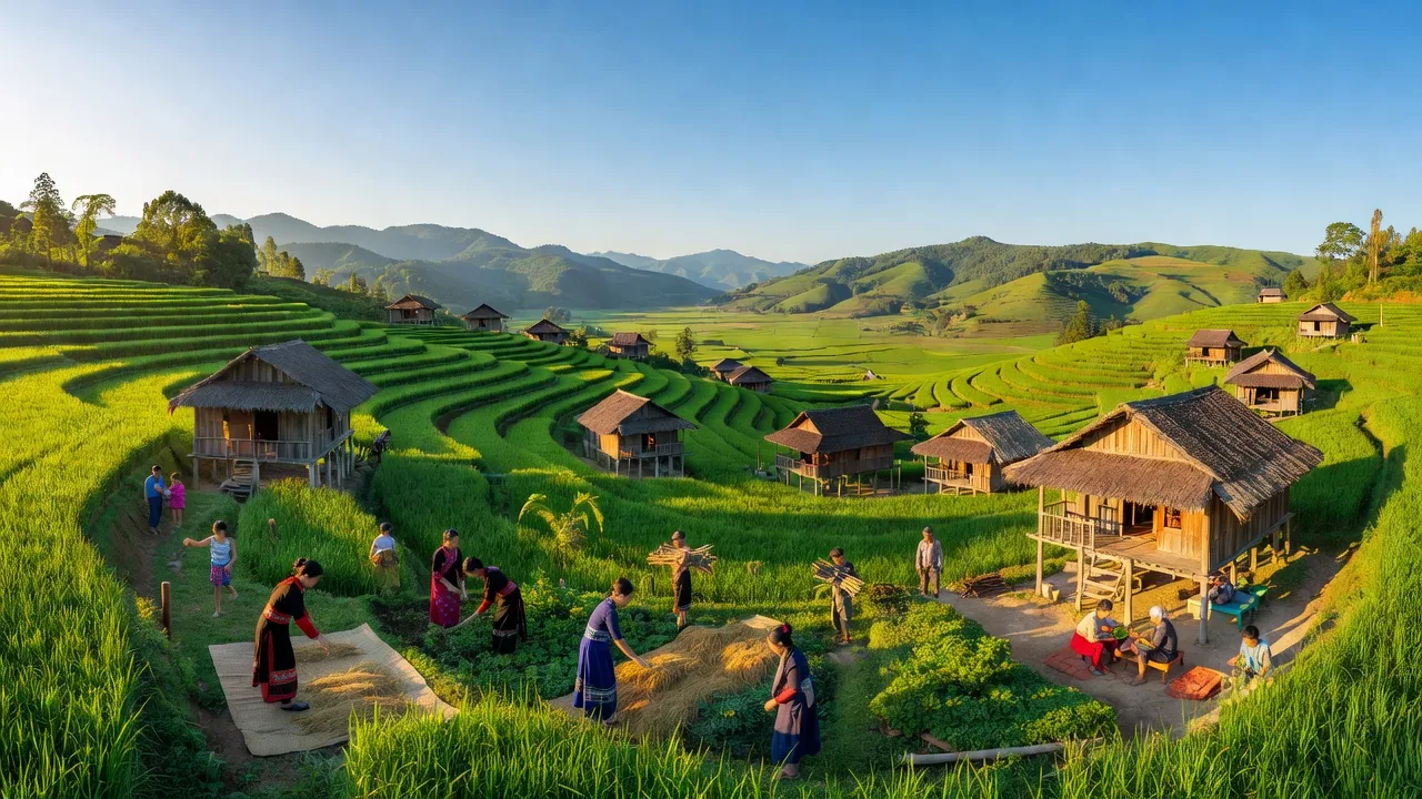 Cảnh quan xã Dền Thàng, Bát Xát, Lào Cai với đồi núi xanh và nhà văn hóa đặc trưng.