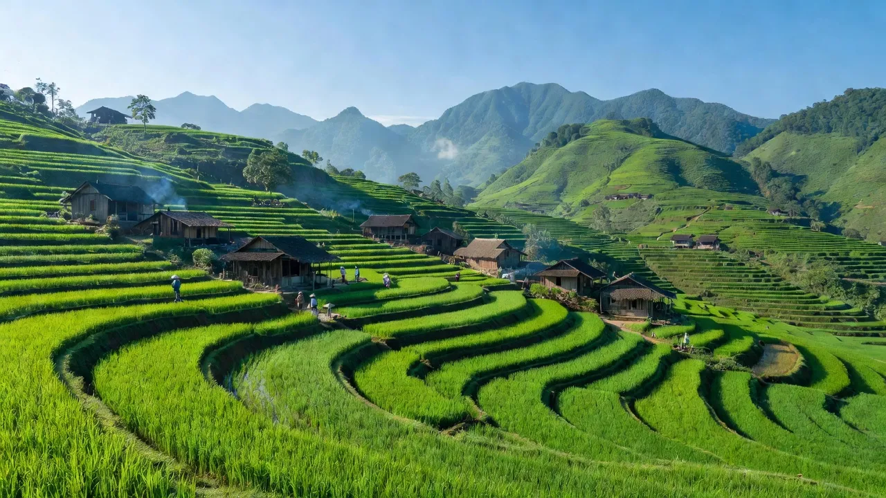 Quang cảnh làng Dền Thàng, huyện Bát Xát, Lào Cai với núi non và nhà gỗ truyền thống.