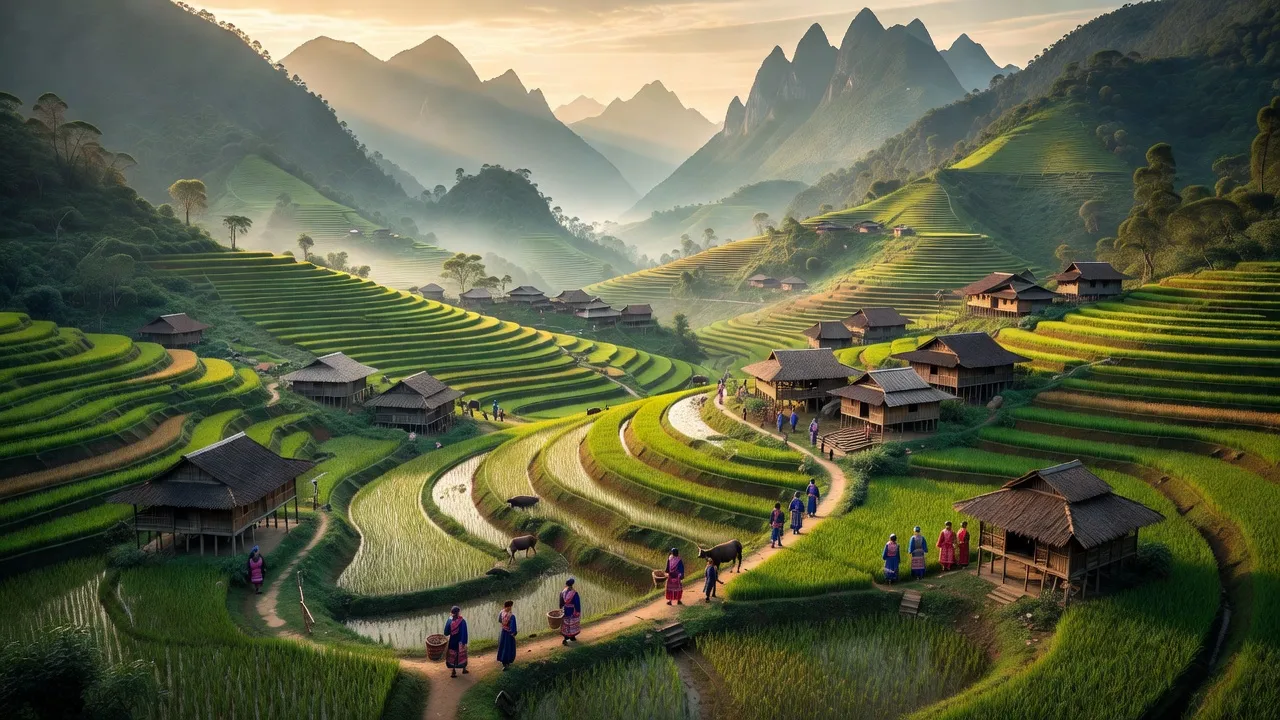 Khung cảnh đẹp của xã Mường Hum, huyện Bát Xát, Lào Cai với núi non hùng vĩ và ruộng bậc thang.