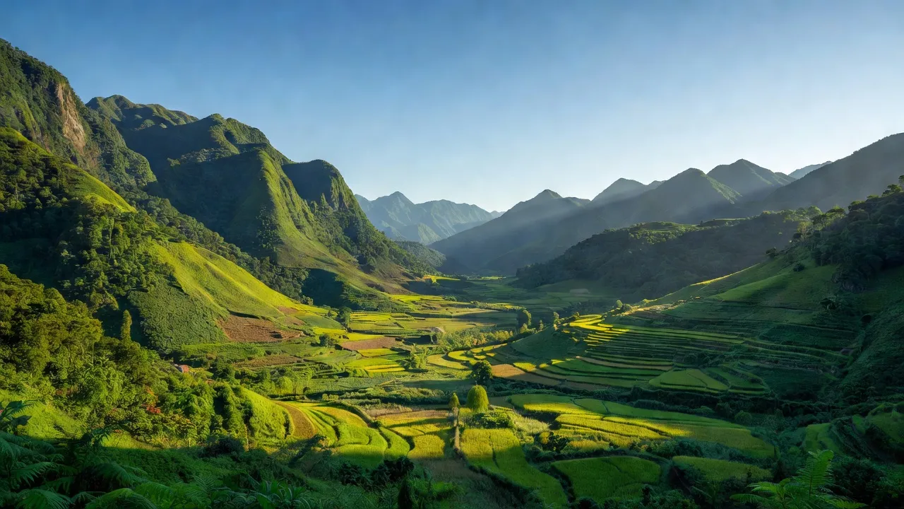 Thung lũng Mường Vi, huyện Bát Xát, Lào Cai, bao quanh bởi núi non và rừng cây xanh.
