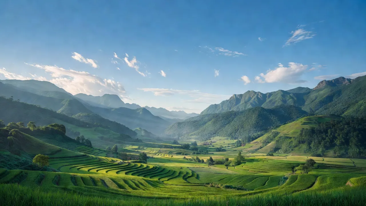 Thung lũng Mường Vi, huyện Bát Xát, tỉnh Lào Cai, với núi non bao quanh, bầu trời xanh.
