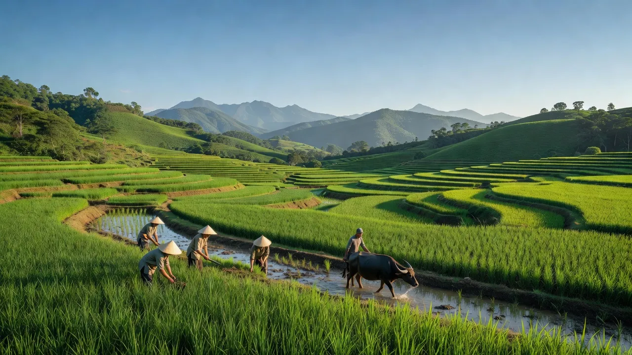 Cảnh đẹp xã Nậm Chạc, huyện Bát Xát, Lào Cai với thung lũng xanh mát và núi thấp.