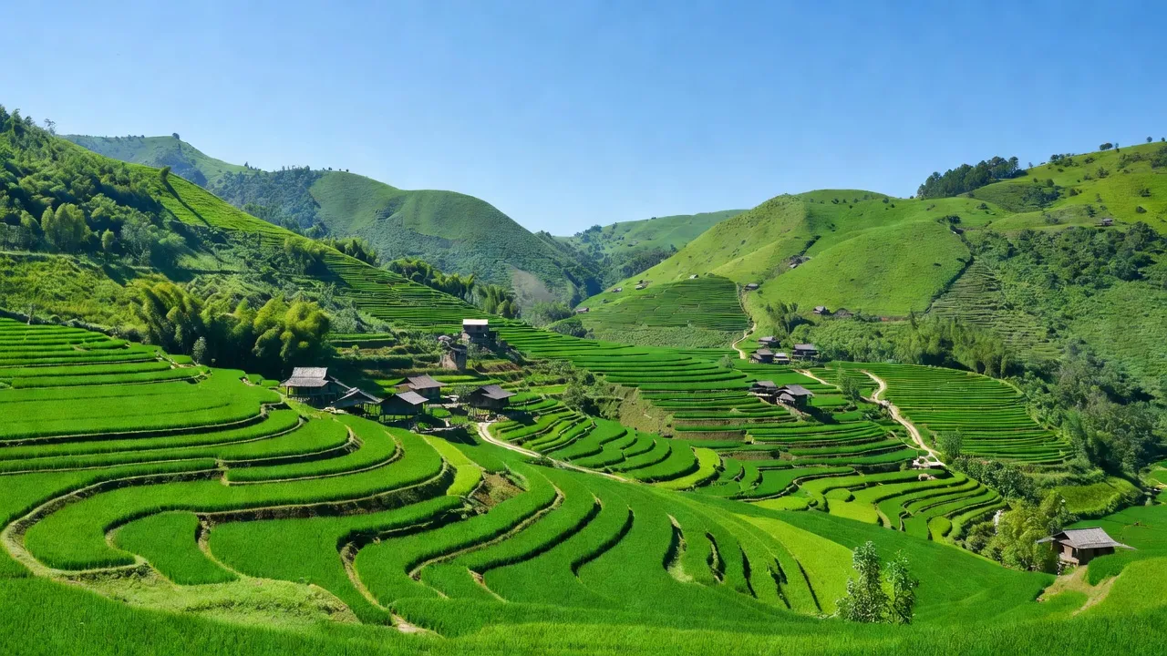 Khung cảnh xanh tươi của xã Nậm Chạc, huyện Bát Xát, Lào Cai với đồi núi và thung lũng.