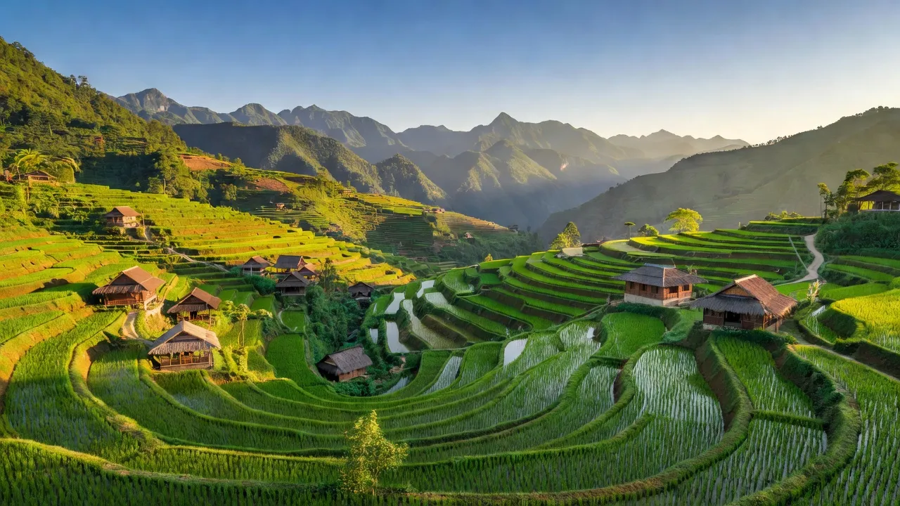 Khung cảnh Nậm Pung, huyện Bát Xát, Lào Cai với cánh đồng bậc thang và nhà truyền thống.