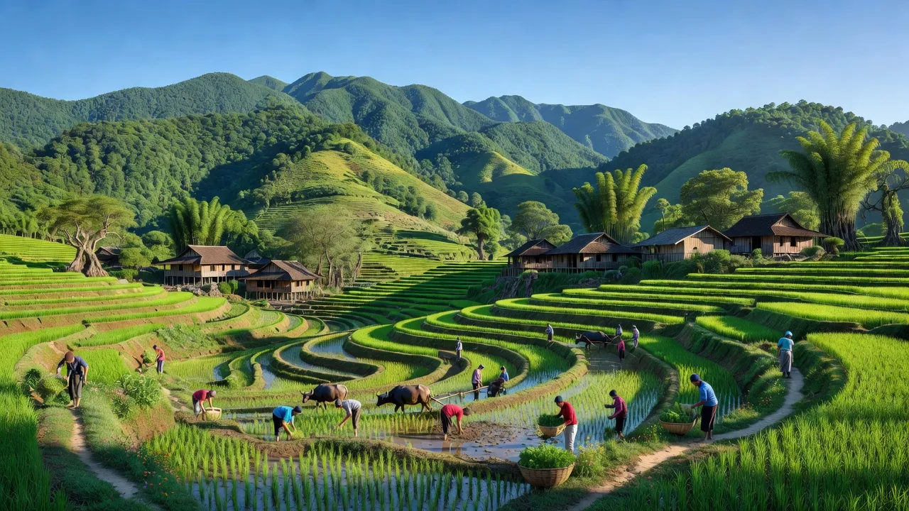 Khung cảnh đẹp tại xã Phìn Ngan, huyện Bát Xát, tỉnh Lào Cai với núi xanh và làng quê.