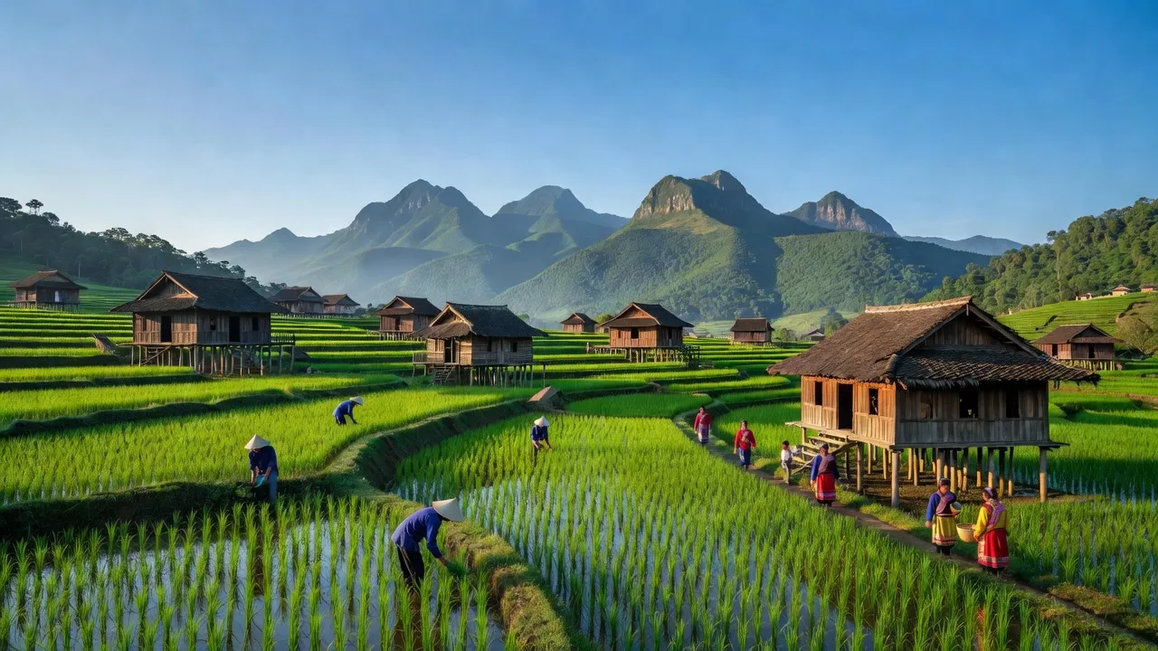 Khung cảnh yên bình xã Quang Kim, huyện Bát Xát với ruộng bậc thang và nhà sàn truyền thống.