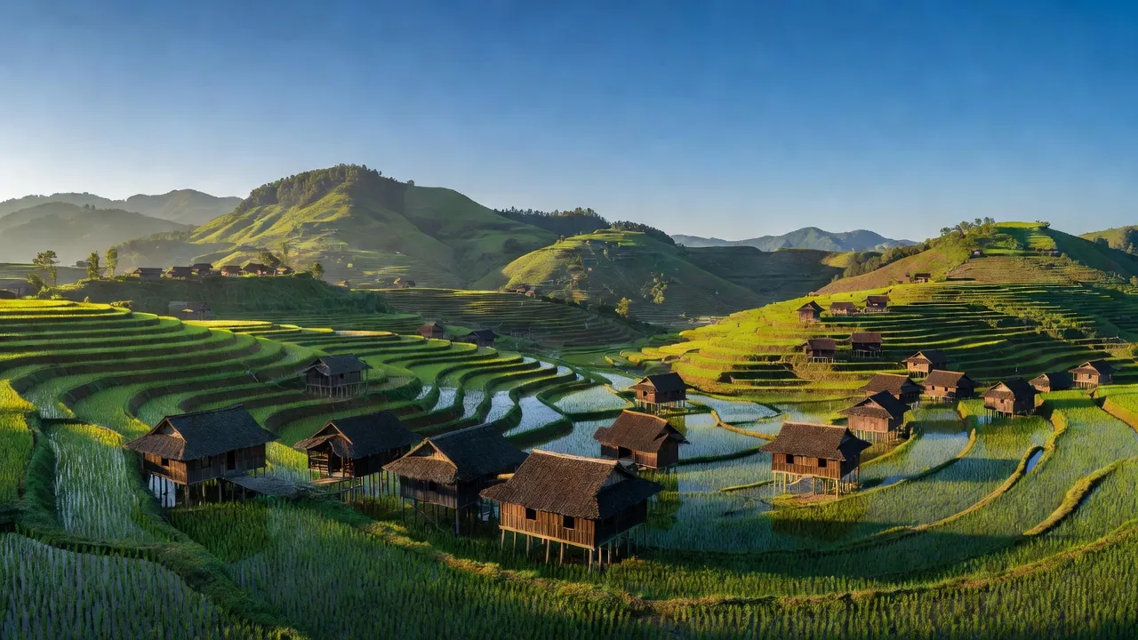 Cảnh sắc xã Sàng Ma Sáo, huyện Bát Xát, Lào Cai với những ruộng bậc thang và nhà sàn truyền thống.