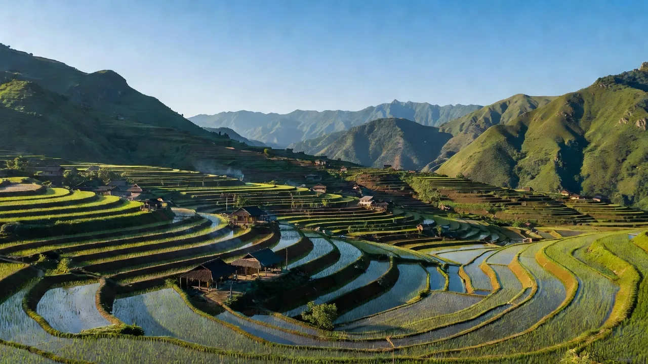 Khung cảnh tuyệt đẹp xã Sàng Ma Sáo, huyện Bát Xát, Lào Cai với ruộng bậc thang và nhà truyền thống.