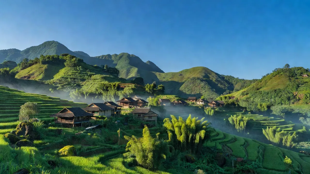 Khung cảnh làng Tòng Sành, huyện Bát Xát, tỉnh Lào Cai với đồi núi xanh tươi và nhà truyền thống.
