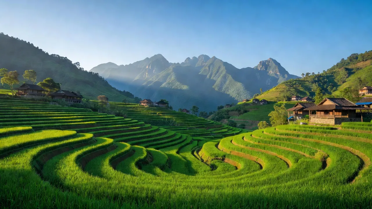 Cảnh quan xã Trịnh Tường, huyện Bát Xát, Lào Cai với núi non, ruộng bậc thang và bầu trời trong xanh.