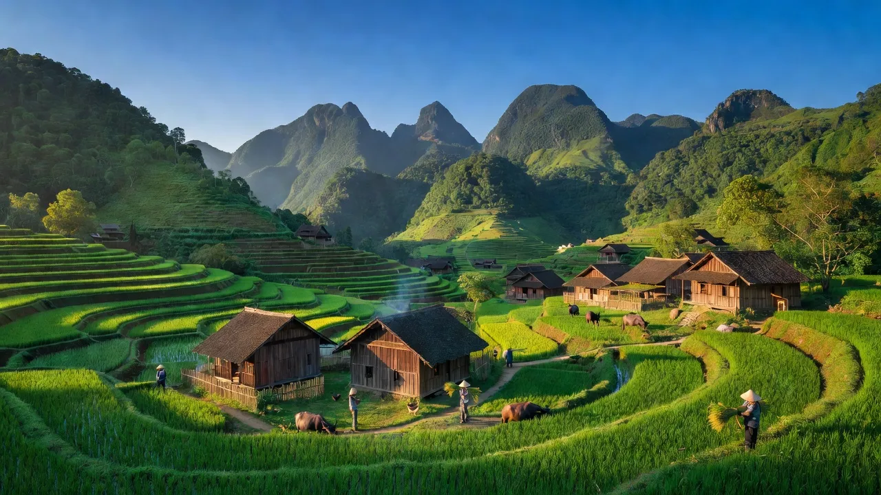 Khung cảnh xã Trịnh Tường, huyện Bát Xát, Lào Cai với ruộng bậc thang và núi xanh.