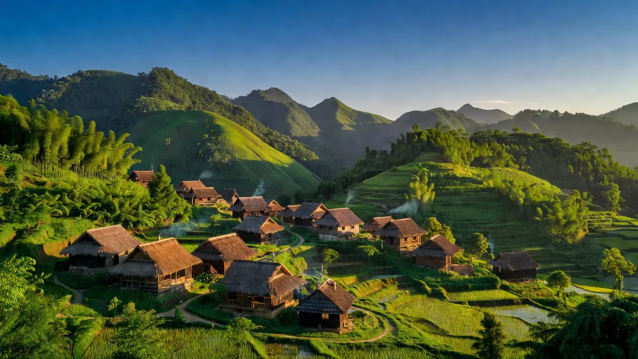Phong cảnh xã Y Tý, huyện Bát Xát, Lào Cai, với những ngọn núi xanh và nhà dân tộc Hà Nhì.