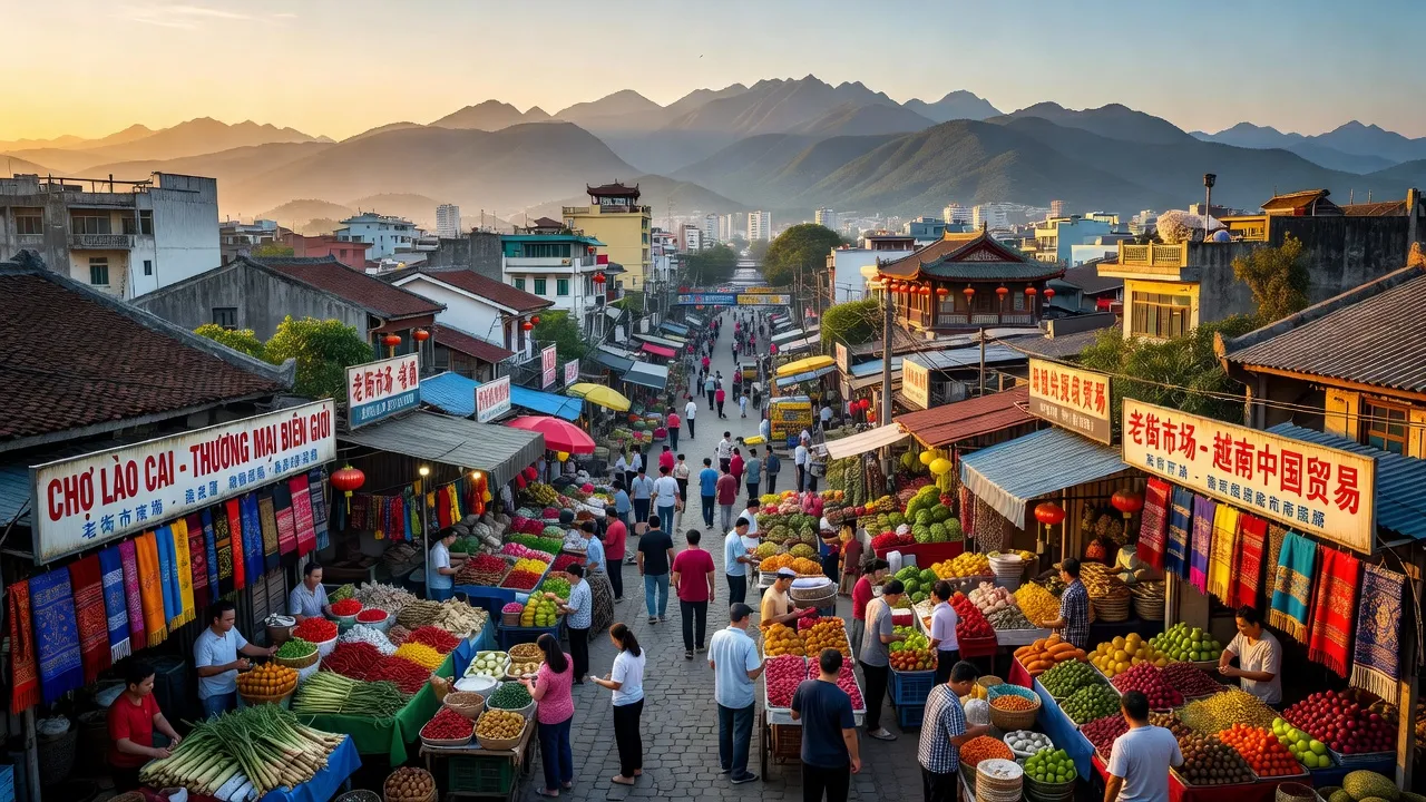 Thành phố Lào Cai sôi động với cảnh quan đẹp, kết nối thương mại giữa Việt Nam và Trung Quốc.