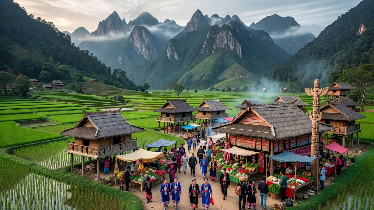 Khung cảnh Mường Khương, Lào Cai, với núi non và cánh đồng xanh, nổi bật văn hóa và thương mại.