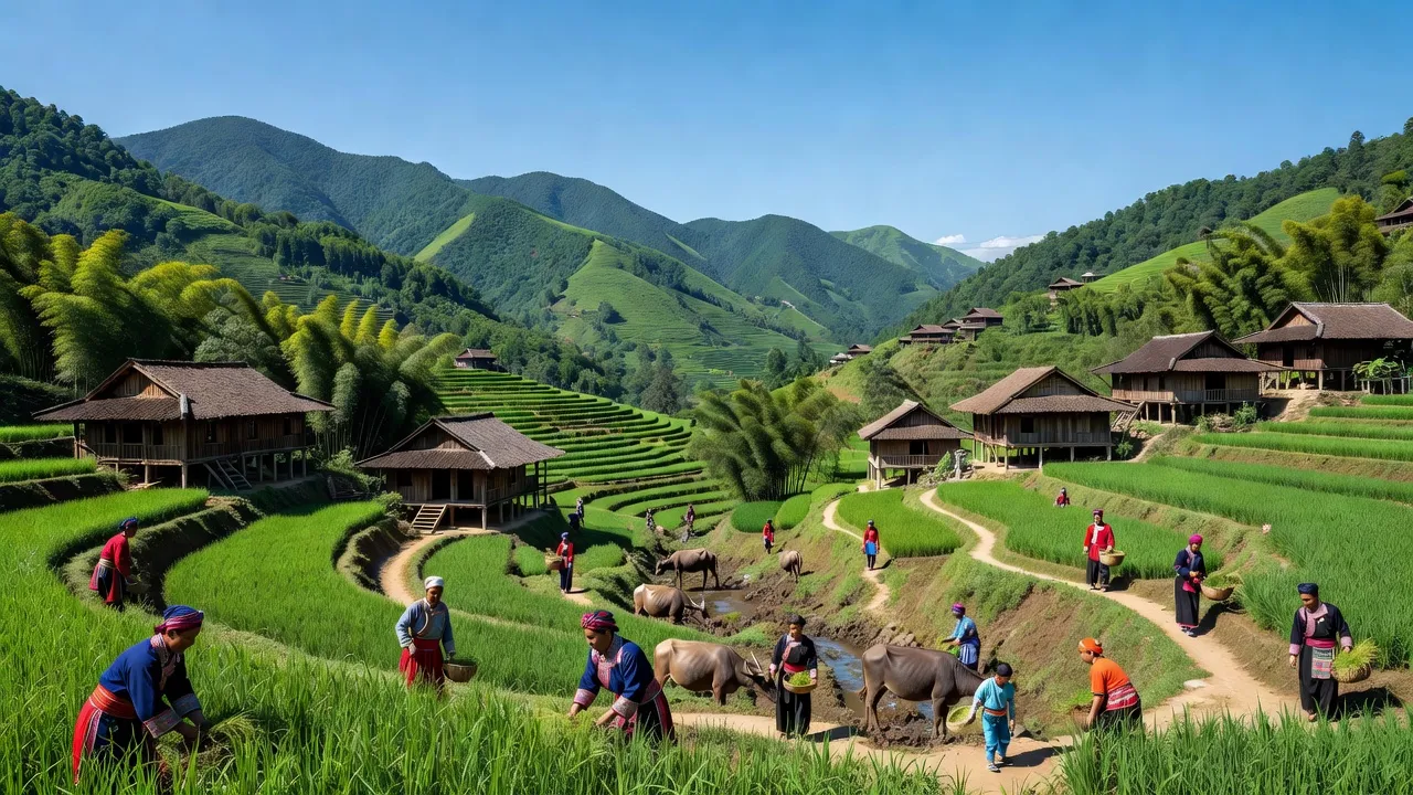 Khung cảnh Mường Khương, Lào Cai với núi xanh, nông nghiệp và cuộc sống địa phương gần biên giới Trung Quốc.