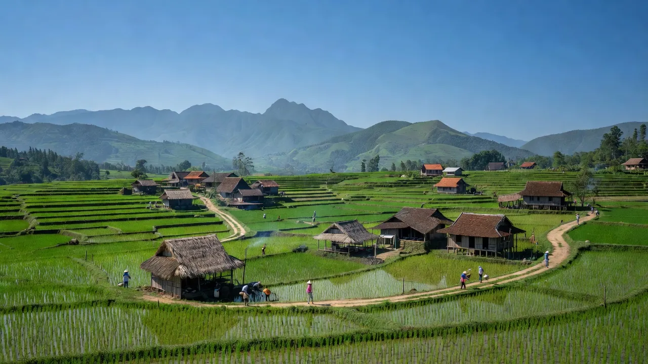 Cảnh quan Xã Bản Lầu, huyện Mường Khương, tỉnh Lào Cai với núi non xanh và nhà truyền thống.