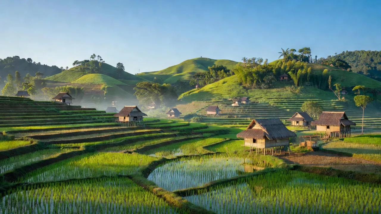 Cảnh sắc yên bình của Xã Bản Sen, Mường Khương, Lào Cai với cánh đồng màu mỡ và nhà truyền thống.