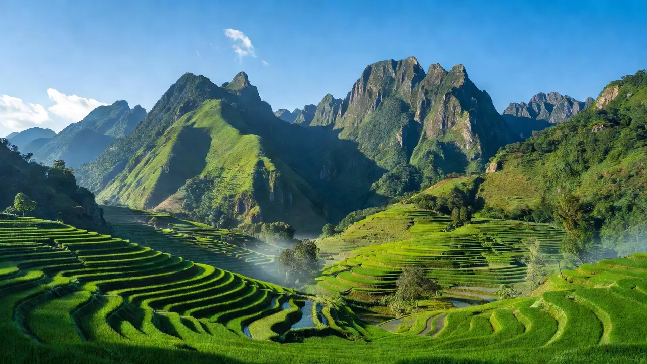 Cảnh quan xã Cao Sơn, huyện Mường Khương, tỉnh Lào Cai với núi, ruộng bậc thang, bầu trời trong.