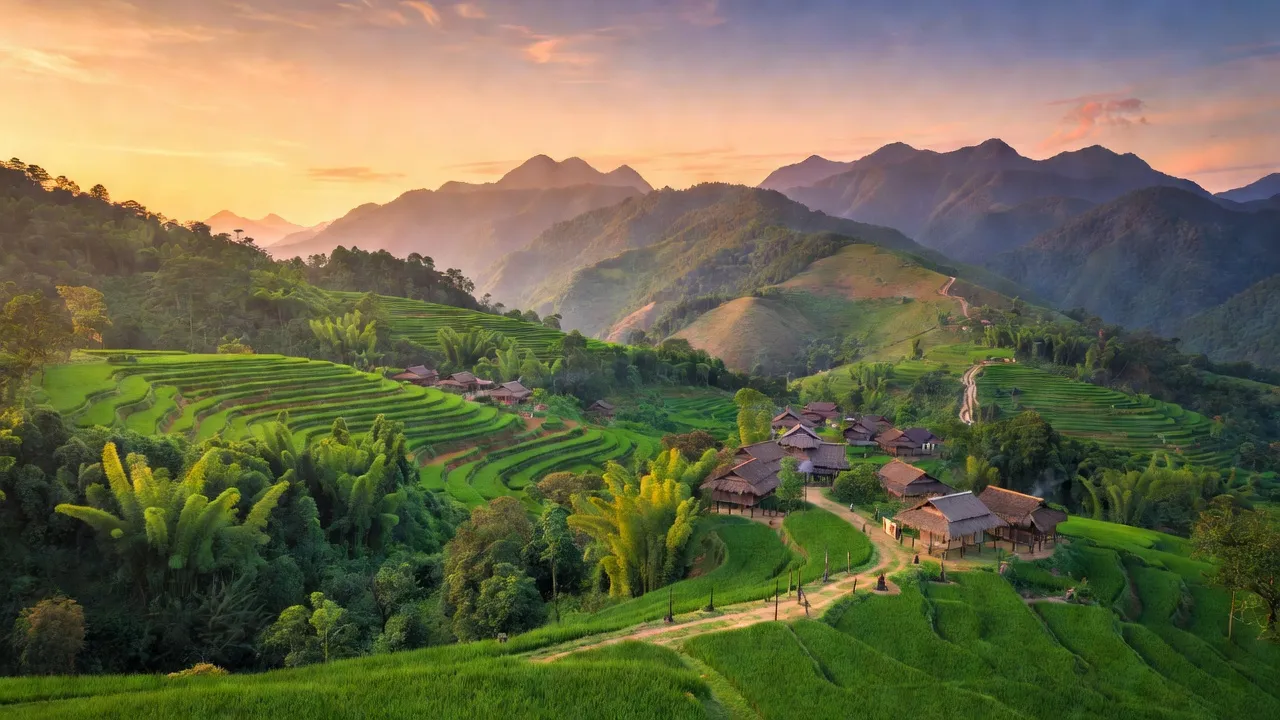 Khung cảnh thiên nhiên xã Dìn Chin, Mường Khương, Lào Cai với núi non xanh tươi và làng bản.