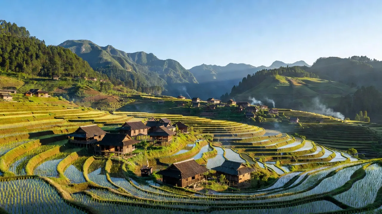 Cảnh quan xã Lùng Khấu Nhin, huyện Mường Khương, tỉnh Lào Cai với ruộng bậc thang và nhà truyền thống.