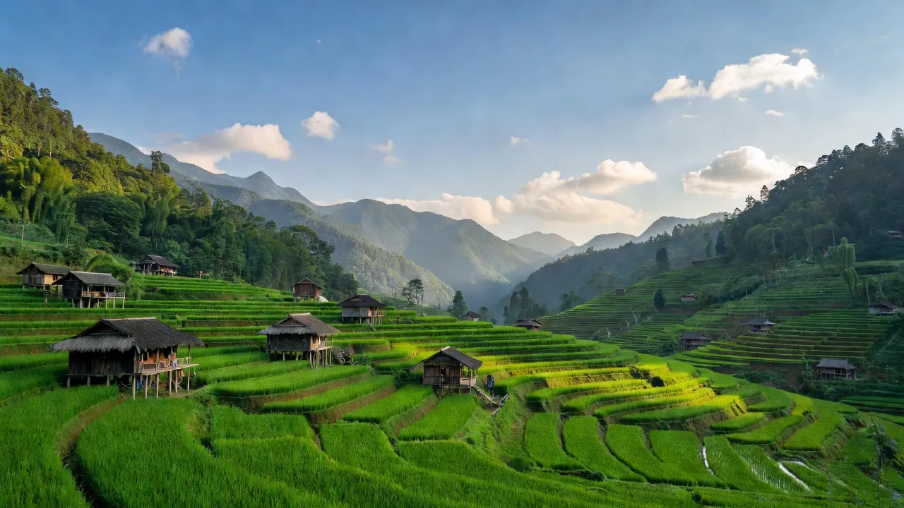 Cảnh đẹp thôn Lùng Vai, huyện Mường Khương, Lào Cai với ruộng bậc thang và nhà sàn truyền thống.