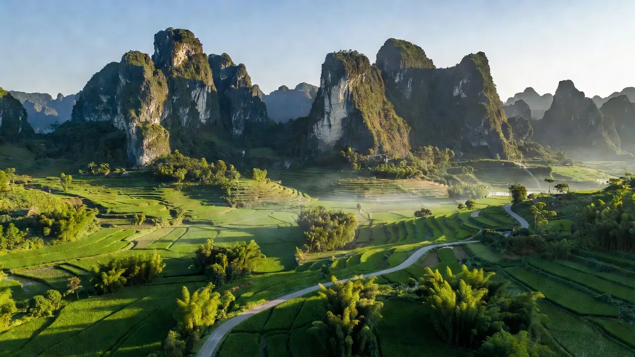 Khung cảnh Nậm Chảy, Mường Khương, Lào Cai với vách núi, thung lũng xanh và đường đi vào xã.