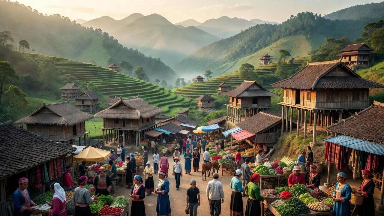 Khung cảnh Xã Pha Long, Mường Khương, Lào Cai với nhà sàn truyền thống và núi non xanh tươi.