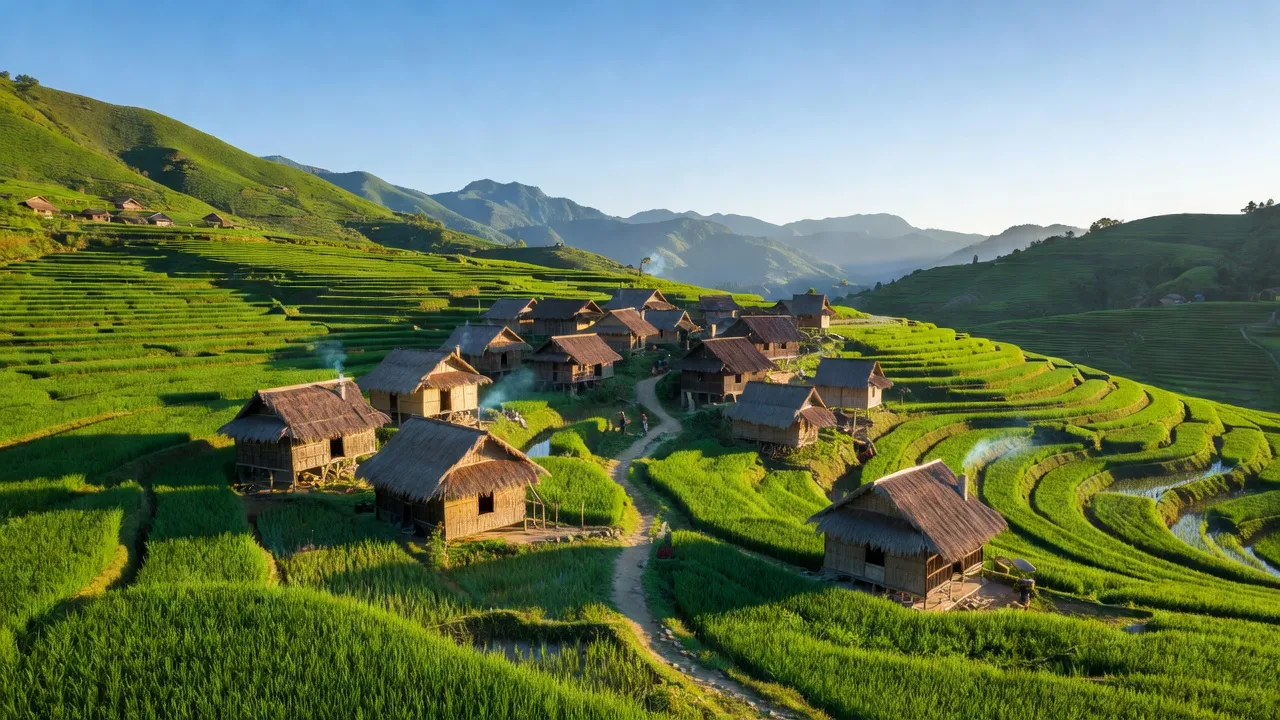 Khung cảnh làng Tả Ngải Chồ, Mường Khương, Lào Cai với ruộng bậc thang xanh tươi và bầu trời trong xanh.