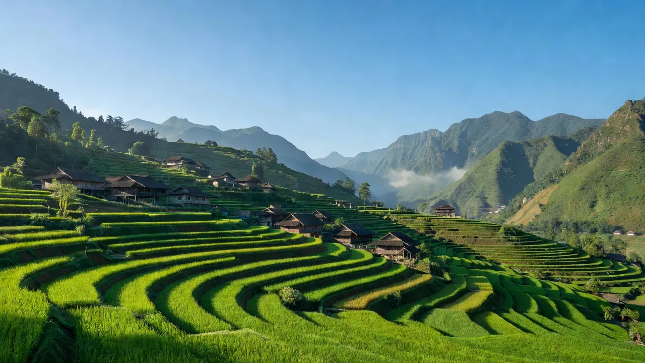 Khung cảnh xã Tả Thàng ở Mường Khương, Lào Cai với ruộng bậc thang và nhà truyền thống.