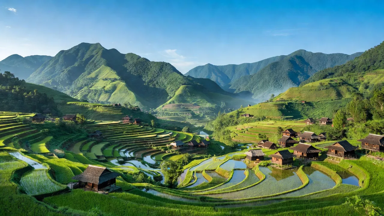 Tả Thàng, Mường Khương, Lào Cai with green mountains and traditional ethnic houses in a serene landscape.