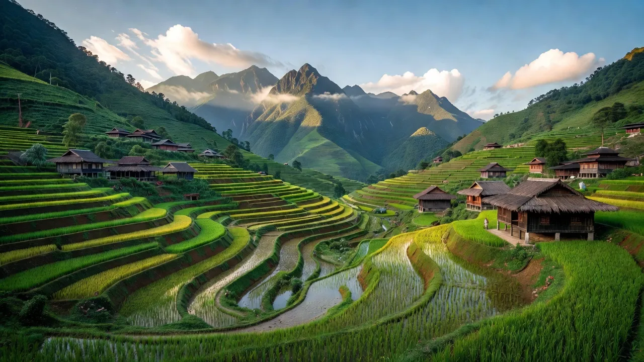 Cảnh sắc tuyệt đẹp thị xã Sa Pa, Lào Cai với ruộng bậc thang và nhà H'mong truyền thống.