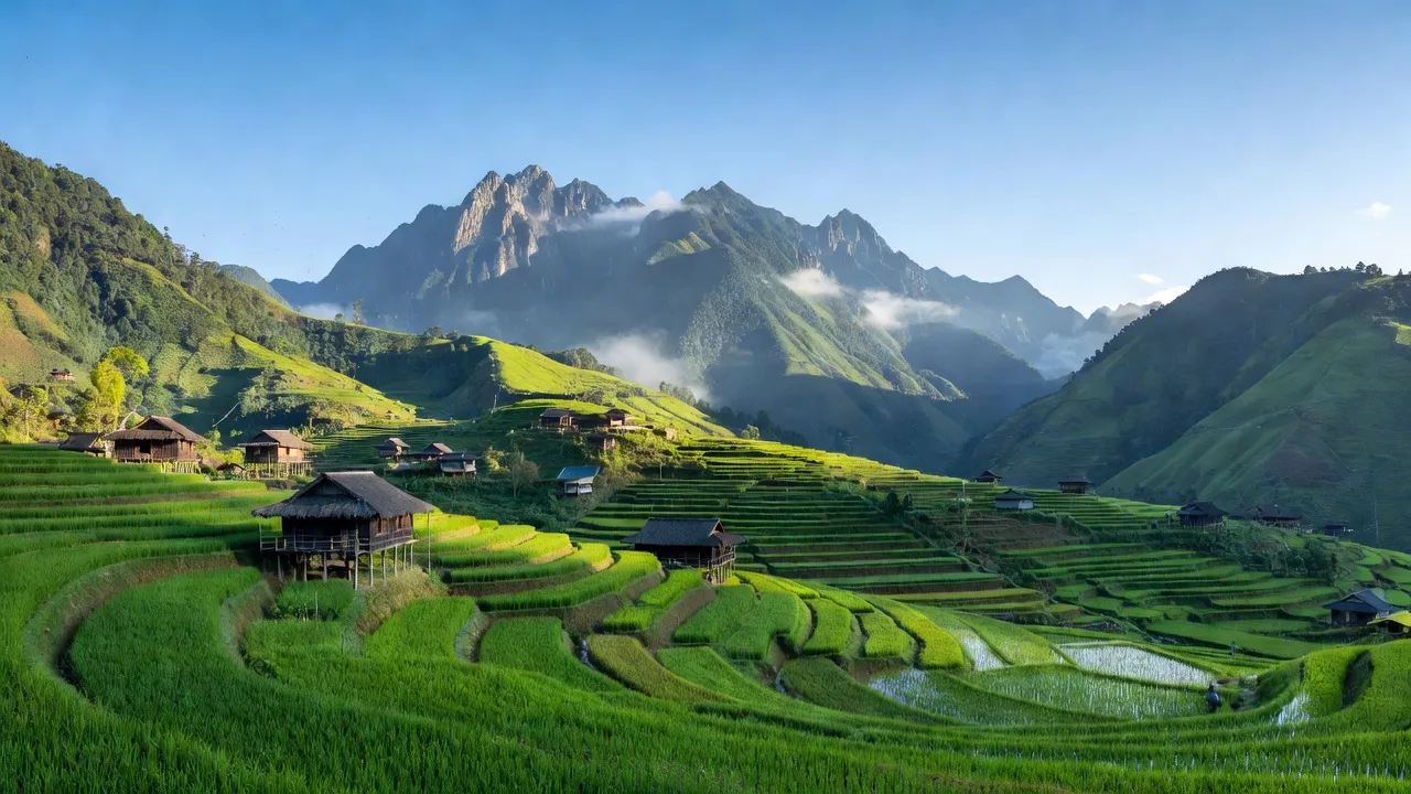 Khung cảnh Xã Bản Hồ, Sa Pa, Lào Cai với núi, cánh đồng, và văn hóa dân tộc.