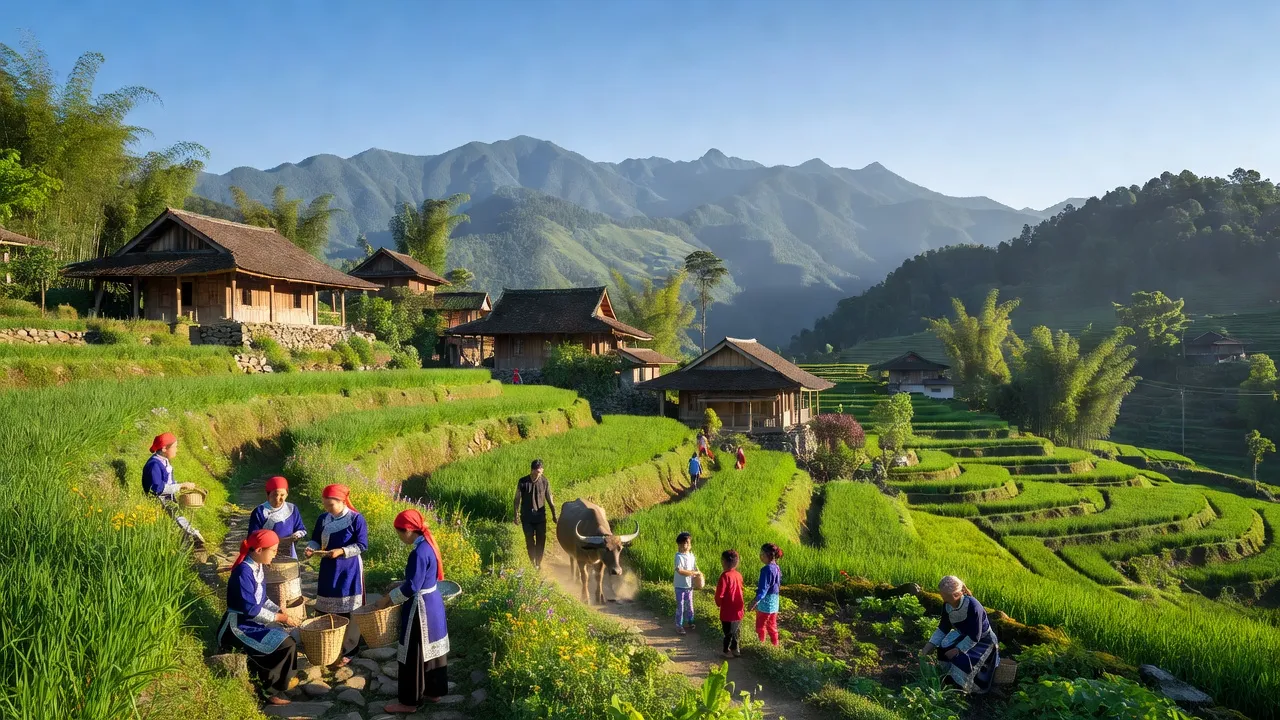 Cảnh sắc đẹp của Phường Cầu Mây, Sa Pa, Lào Cai với núi non xanh tươi và nhà truyền thống.